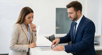 A customer and a car rental agent at a counter, with the agent pointing to a tablet screen and the customer looking thoughtfully at the information.