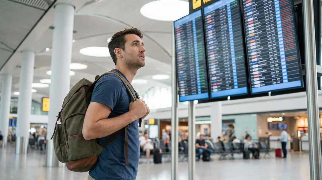 A traveler looks concerned at a flight information board in an airport, worried about a delayed flight and his car rental reservation.