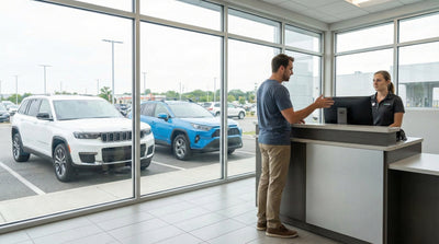 Customer speaking with an agent at a car rental counter about vehicle availability and upgrades for car hire.