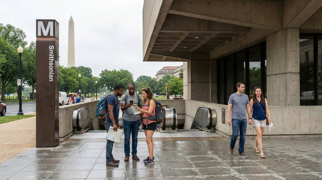 Tourists at the Smithsonian metro station in Washington DC comparing public transit versus car rental options.