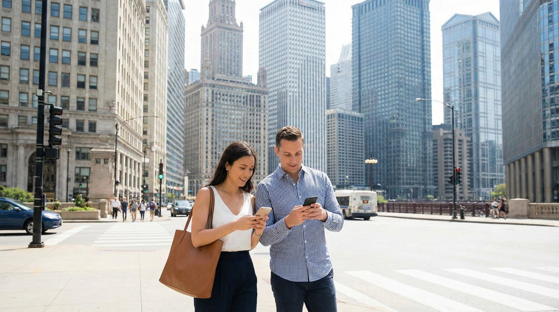 A couple uses smartphones on a busy street in downtown Chicago, deciding between car rental and public transportation for sightseeing.