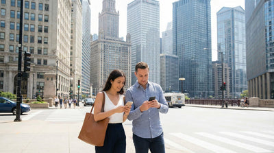 A couple uses smartphones on a busy street in downtown Chicago, deciding between car rental and public transportation for sightseeing.