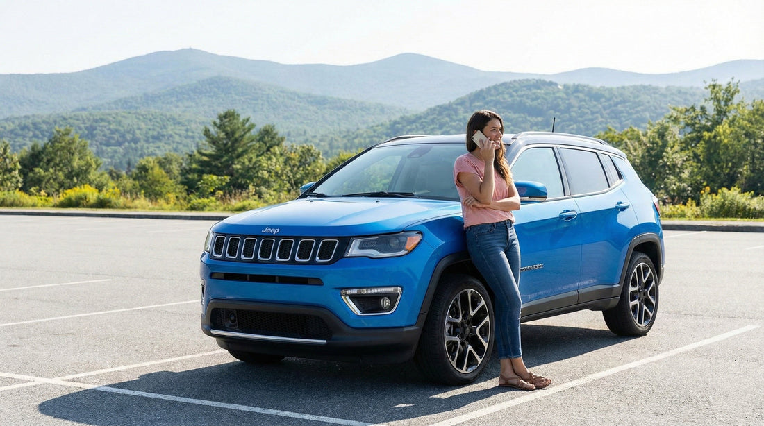 A woman on the phone leans on a blue Jeep Compass rental, likely discussing changing her drop-off location or extending her rental.