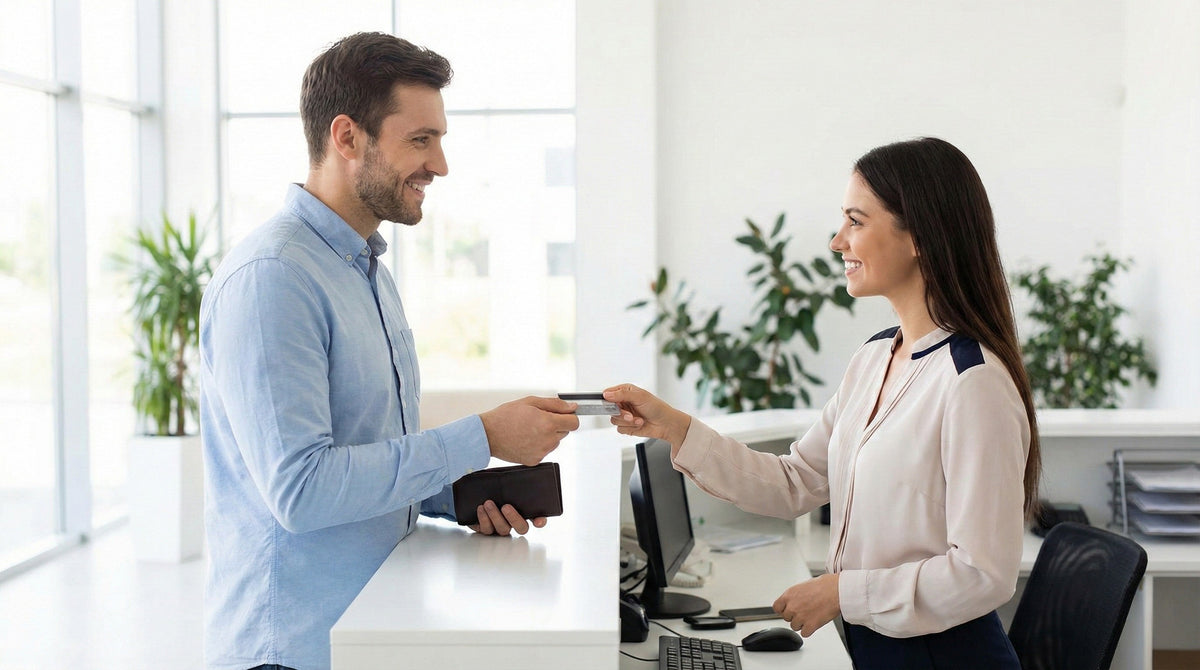Man handing a new credit card to a car hire agent at a counter to update payment details during vehicle pick-up.