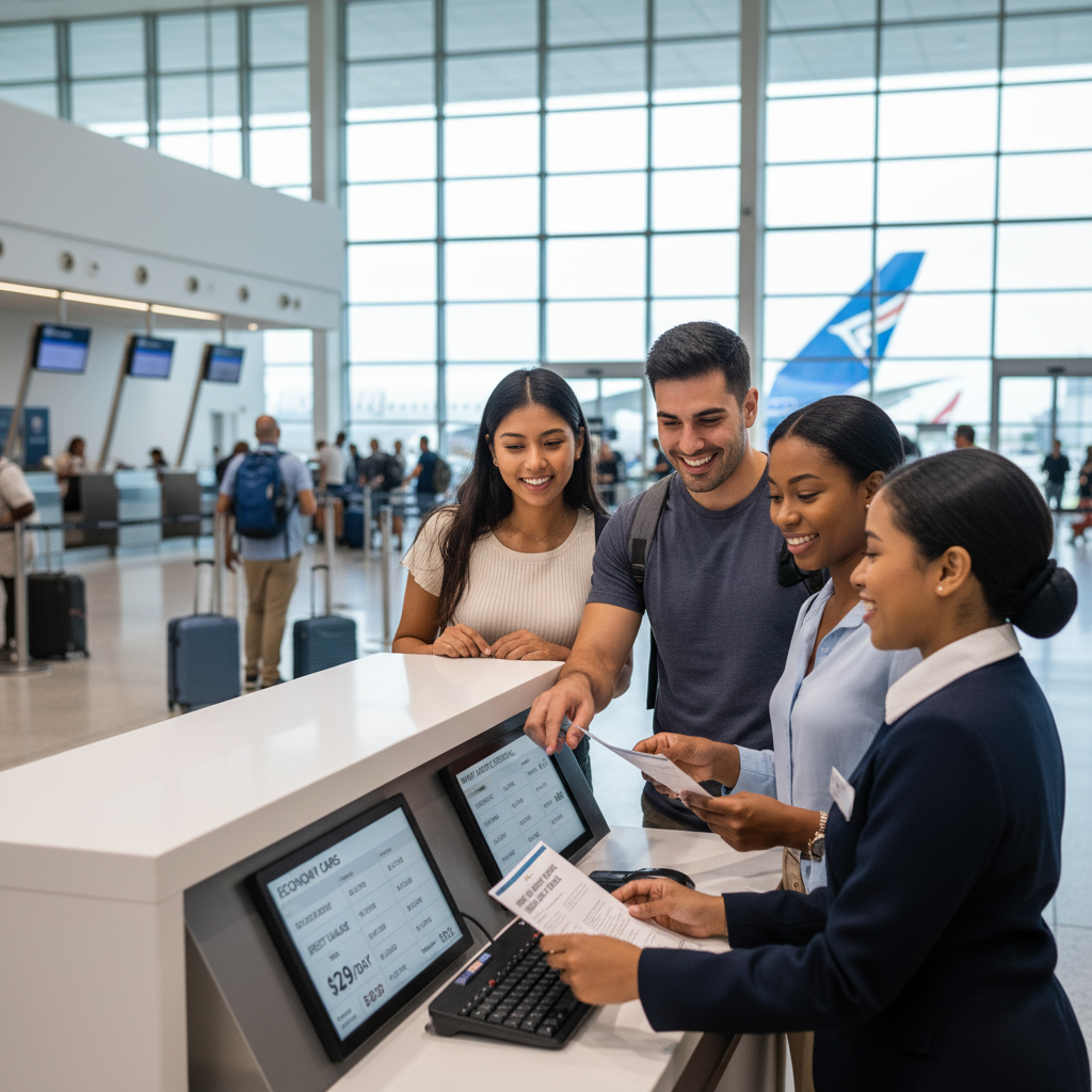Travelers checking in at a car rental desk inside a bright, modern Miami airport terminal.