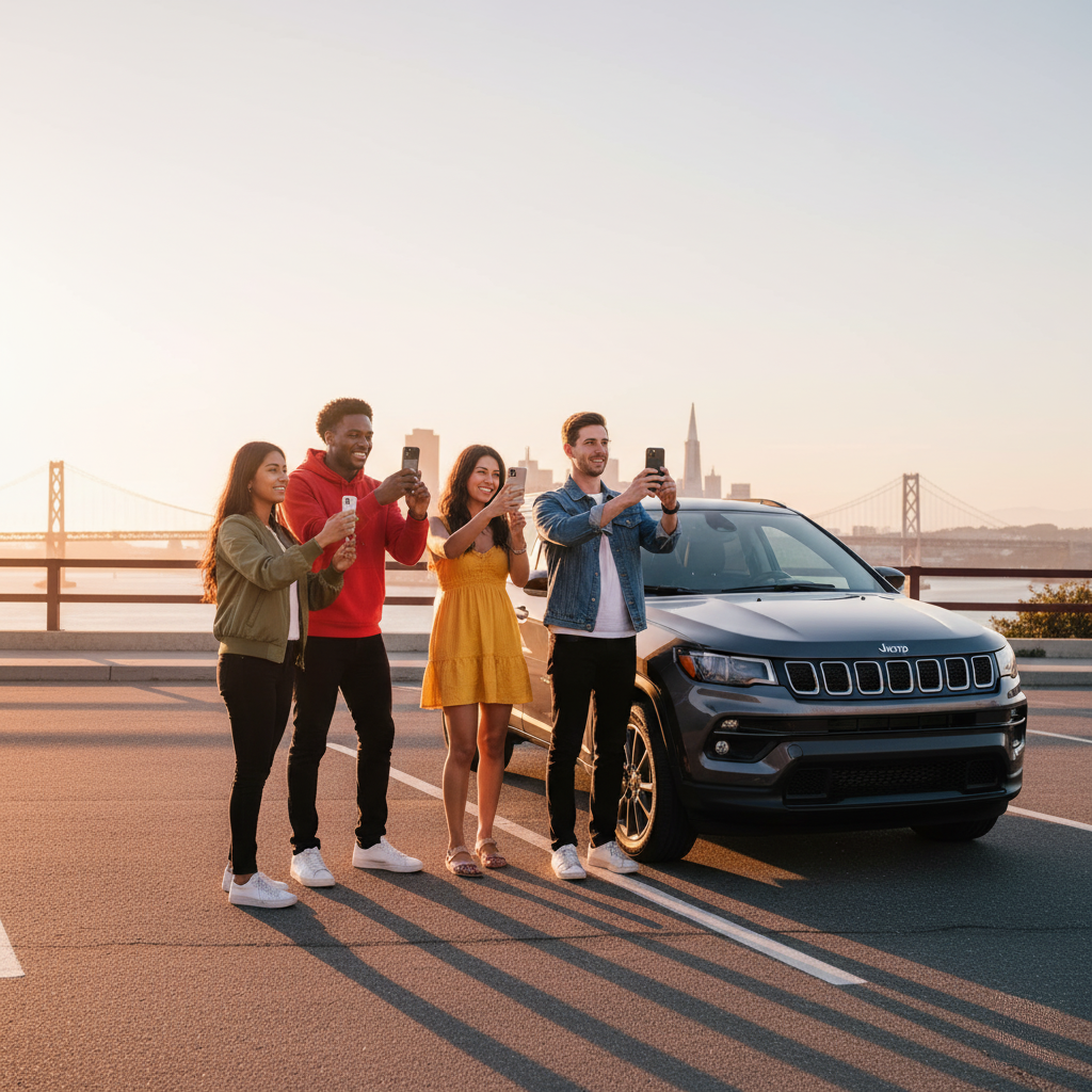 Group of diverse friends taking photos of the San Francisco skyline at sunset next to a grey Jeep Compass rental.