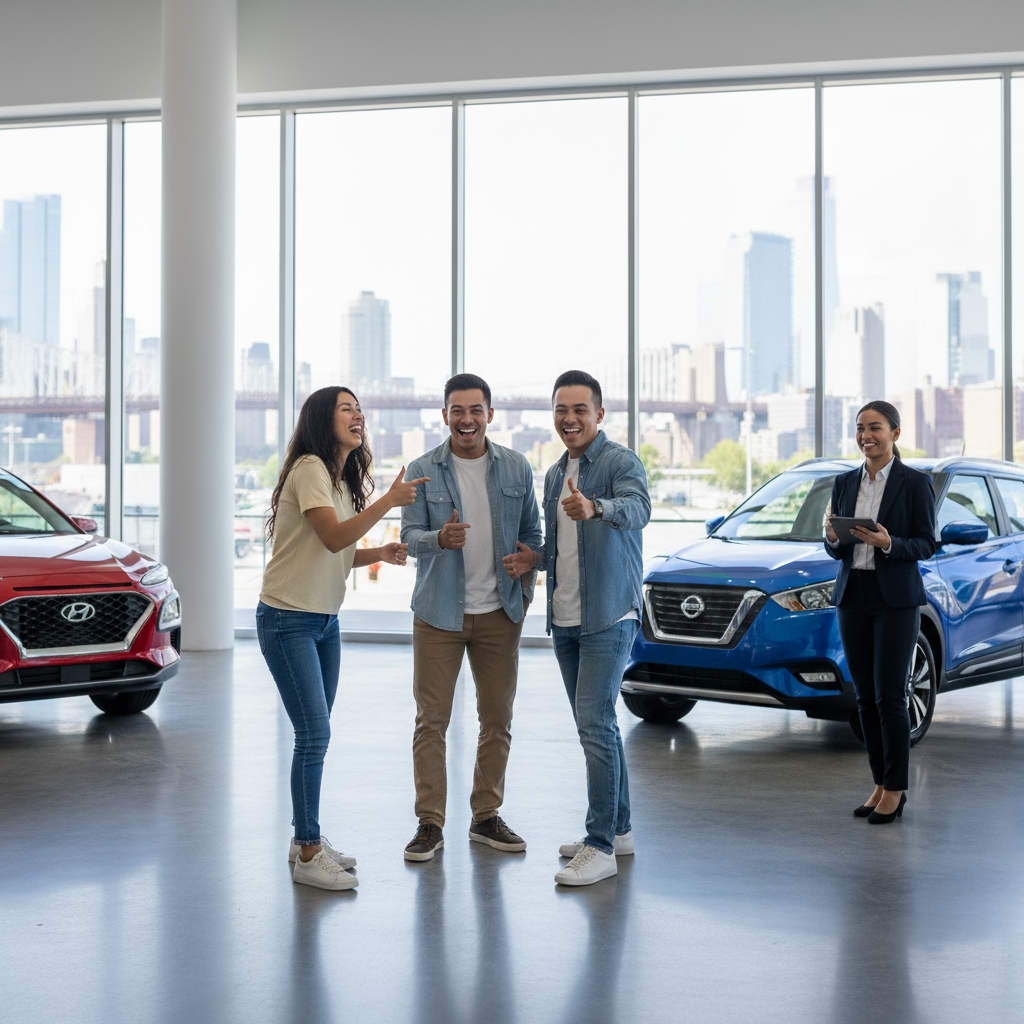 A group of three happy customers in a New York City car dealership, giving thumbs up next to red and blue cars, with a saleswoman holding a tablet in the background, representing car hire.