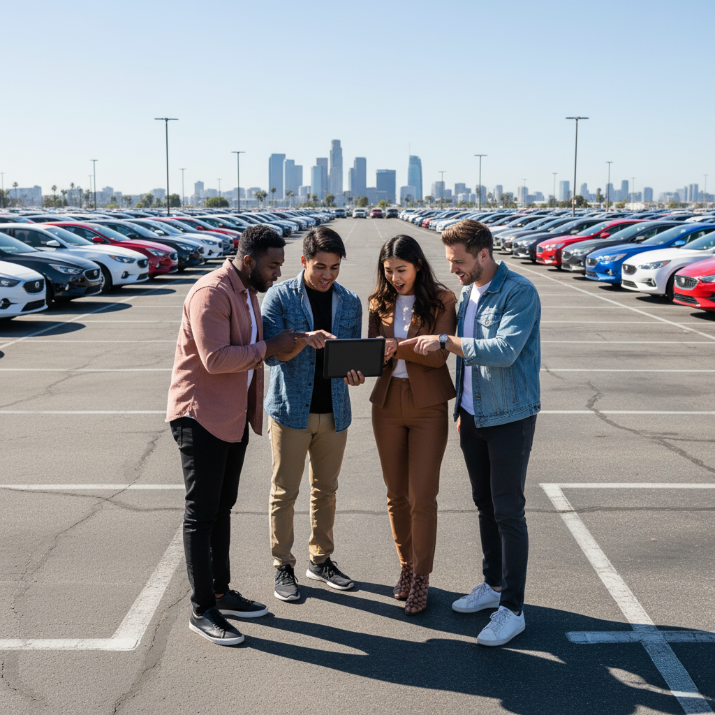 A diverse group of friends reviewing a tablet with a sales chart in a vast Los Angeles car rental lot under clear skies.