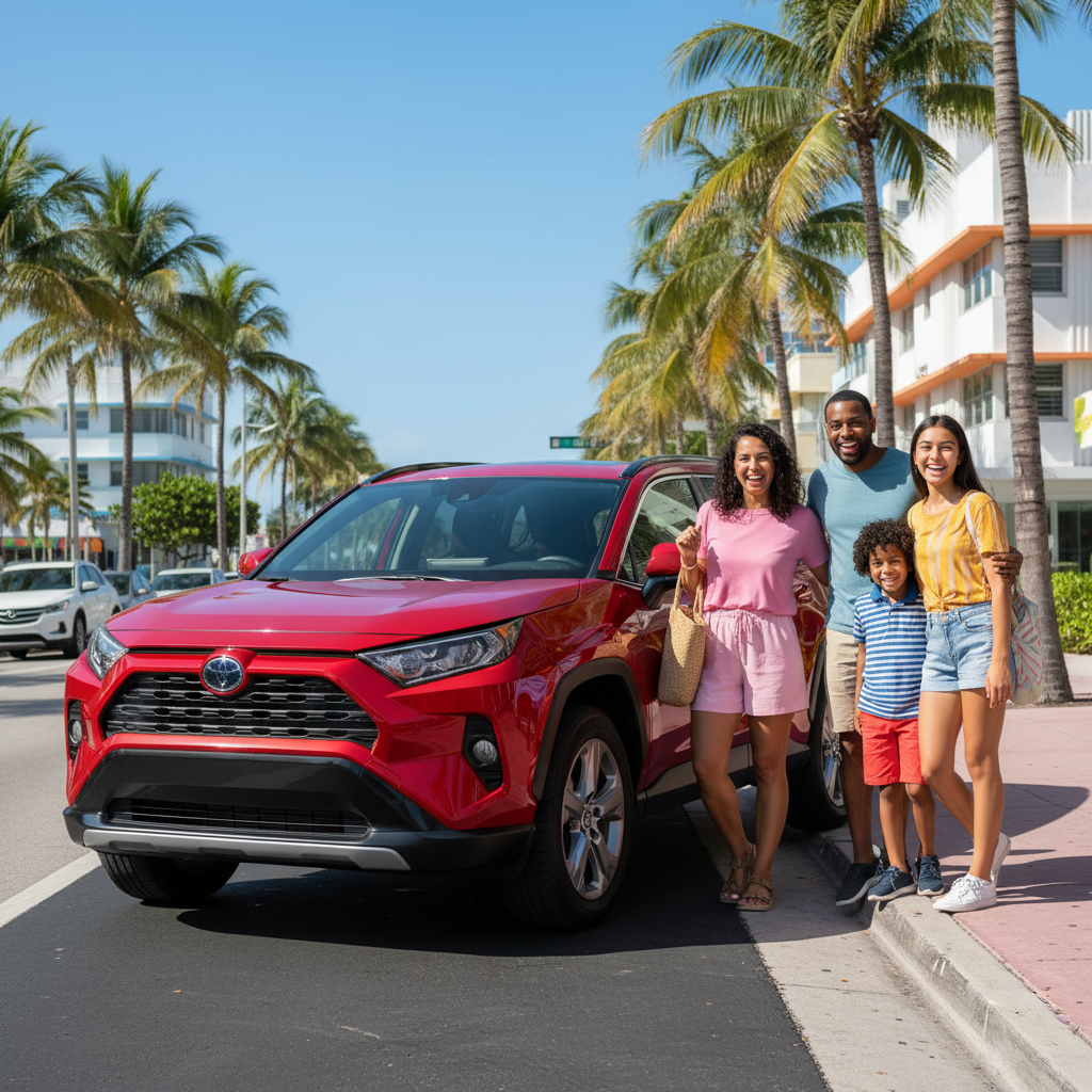A happy family with a modern red SUV parked by a scenic palm-lined street in Miami, ready for adventure.