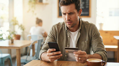 Man checking his phone for a pending bank hold transaction for a car rental.