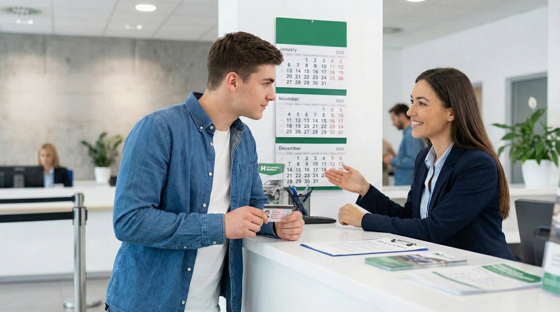 Young man showing driving licence to agent at car rental counter to verify licence tenure requirements.