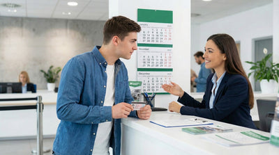 Young man showing driving licence to agent at car rental counter to verify licence tenure requirements.