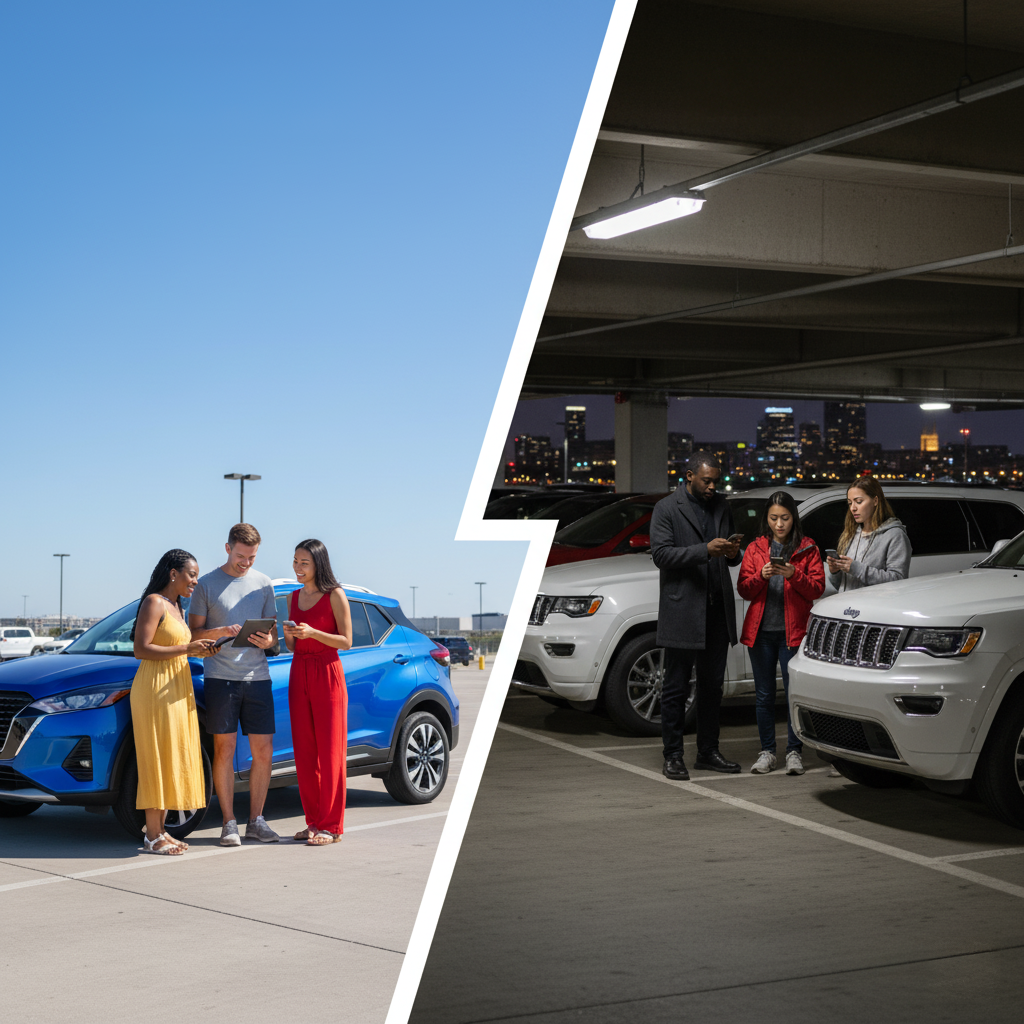 Split image comparing two car rental locations, Midway and O'Hare in Chicago, for car hire options.