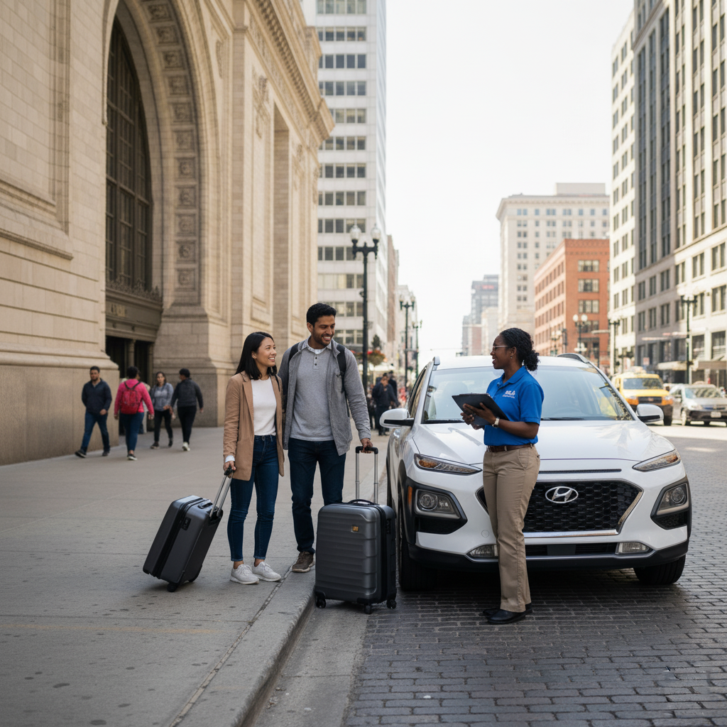 An agent assisting a couple returning a white car on a bustling street outside Chicago Union Station.