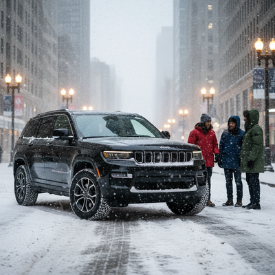 Modern SUV in Chicago snow with people, discussing winter car rental. Winter tires for car hire in January.
