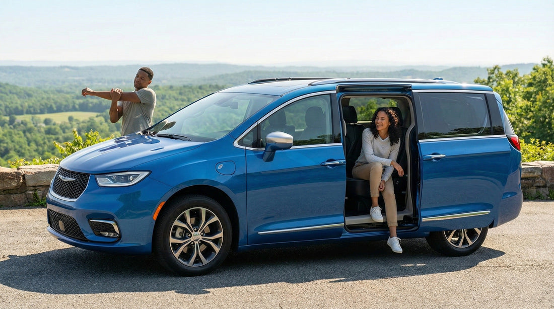 A family group taking a break from a long road trip at a scenic overlook, with two people stretching outside a blue Chrysler Pacifica minivan rental car with its sliding door open.