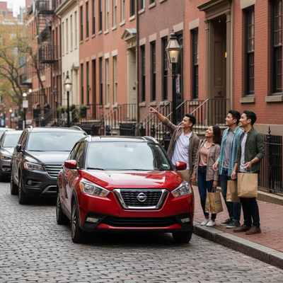 A red compact rental car parked on a narrow, cobbled street in a historic Boston district, with people walking by.
