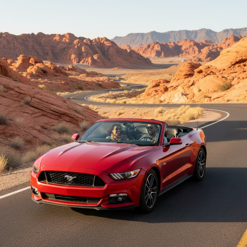 A happy couple in a red convertible rental car driving through a scenic desert landscape near Valley of Fire.