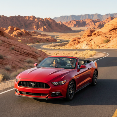 A happy couple in a red convertible rental car driving through a scenic desert landscape near Valley of Fire.