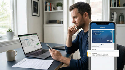 Business traveler verifying corporate credit card limits for a US car rental.