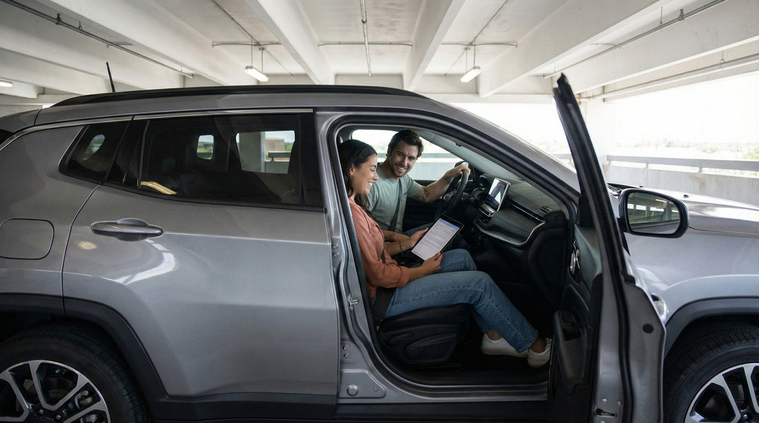 Couple sitting inside a car rental in a parking garage checking the vehicle features on a tablet before leaving.