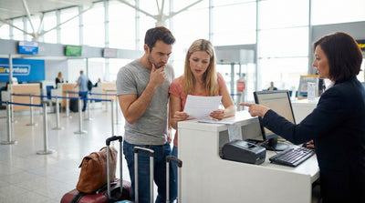 Couple reading a car hire agreement at an airport desk, discussing rental fees and facility charges with an agent.