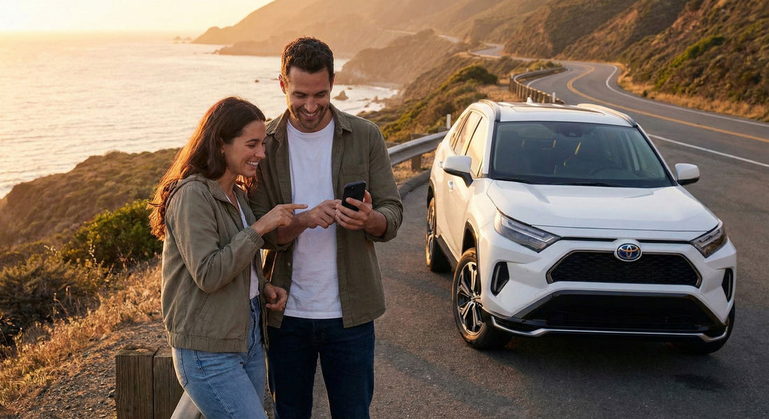 Happy couple enjoying a scenic sunset view next to a white SUV car rental on a coastal road trip.