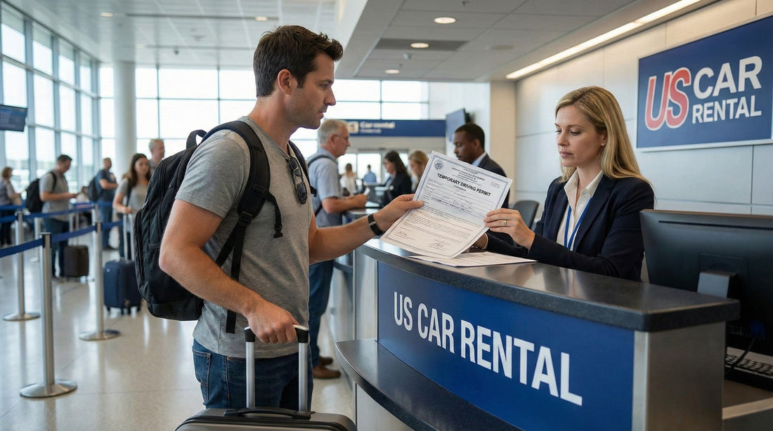 Traveler handing a paper temporary driving document to a rental agent at a US car hire desk for verification.