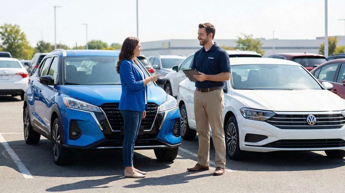 A customer discusses switching rental cars with an agent in a parking lot, pointing between a blue SUV and a white sedan.