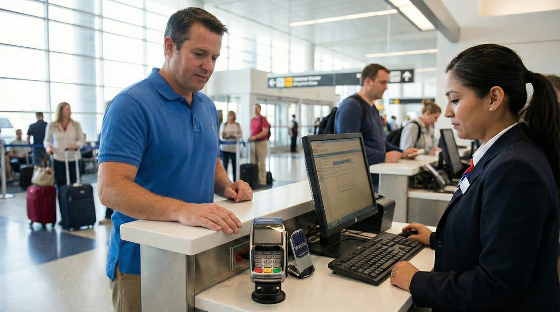 Man waiting at car hire counter with payment terminal in foreground during credit card authorization.