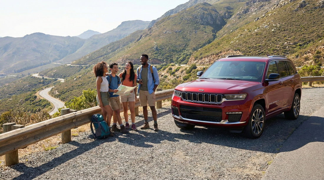 A group of friends on a scenic road trip with their red Jeep Grand Cherokee rental car, looking at a map and laughing, during a Cyber Week promotion for car hire.