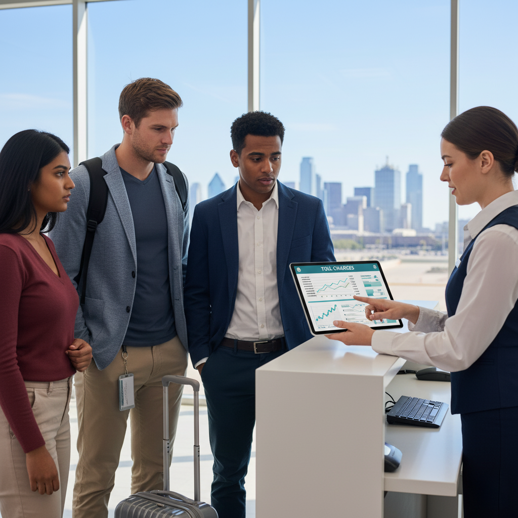 Travelers at a car rental desk in Dallas review a tablet displaying "Toll Charges" information with a service agent.