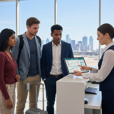 Travelers at a car rental desk in Dallas review a tablet displaying "Toll Charges" information with a service agent.