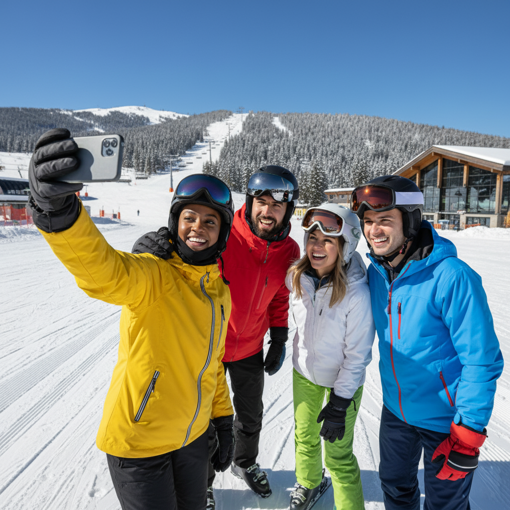A group of friends in ski gear takes a selfie at a vibrant ski resort, relevant for Denver ski season car rental discussions.