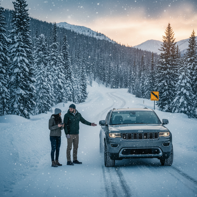 A white SUV (Jeep Grand Cherokee L) is parked in deep snow near a mountain road, with a man looking out at the cold, suggesting winter driving conditions for a car rental.