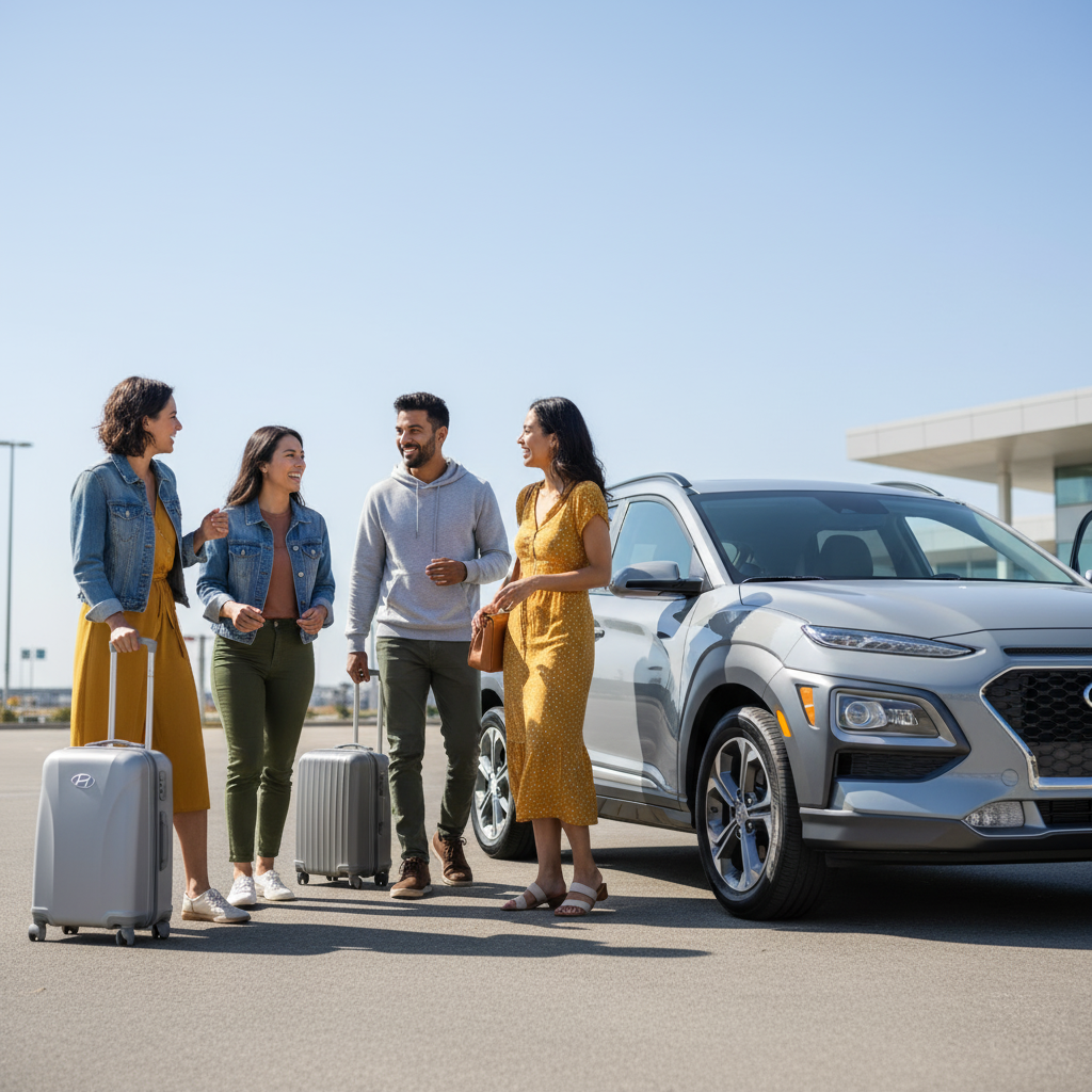 A diverse group with luggage next to a grey Hyundai Kona at DFW Airport, illustrating airport car rental vs. downtown Dallas.