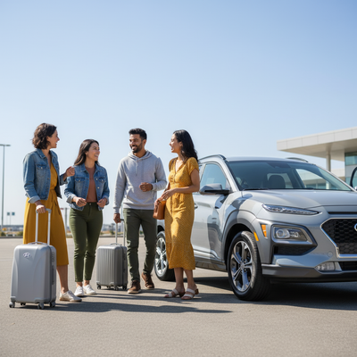 A diverse group with luggage next to a grey Hyundai Kona at DFW Airport, illustrating airport car rental vs. downtown Dallas.