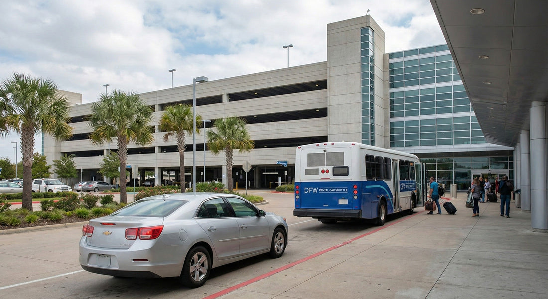 A silver rental vehicle waiting at the Dallas/Fort Worth airport curbside pickup area near a rental car center shuttle bus.