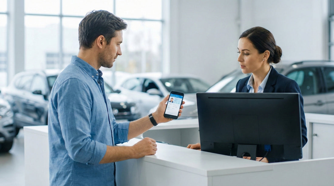 A customer showing a digital driver's license on a smartphone to a car rental agent at the pickup counter.