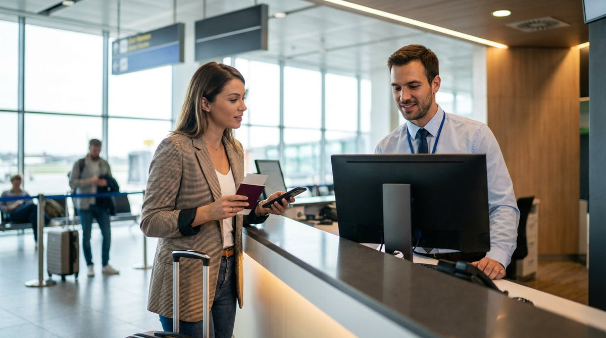 A smiling person holding keys next to their airport car hire vehicle in a sunny Florida lot