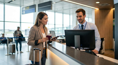 A smiling person holding keys next to their airport car hire vehicle in a sunny Florida lot