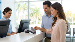 Customer handing a credit card to an agent at a car hire desk in Florida