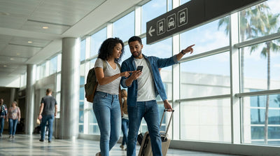 A traveler looks up at an overhead sign for the car hire location inside the Orlando airport terminal