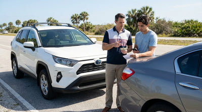 Two drivers inspect a minor dent on a Florida car hire vehicle pulled over on a sunny roadside