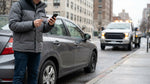 Driver looking under the open hood of a car rental parked on a New York street