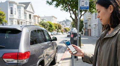 A car hire parked on a steep hill in San Francisco with a view of the city and bay in the background