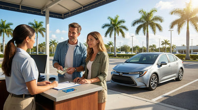 A modern white convertible for car hire driving down a sunny, palm-lined road in Florida