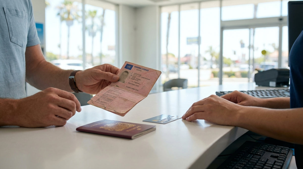 A convertible car rental drives down a palm tree-lined street on a sunny day in Los Angeles