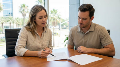 A modern car hire vehicle parked on the side of a scenic highway with the Texas hill country in the background
