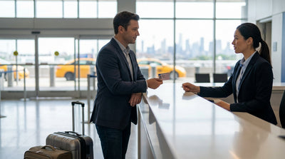 A yellow taxi drives next to a car hire vehicle on a busy, skyscraper-lined street in New York